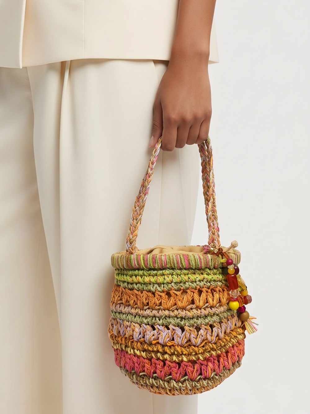 Handwoven Crochet Straw Coastal Boho Beaded Bucket Bag by cappelli Straw world